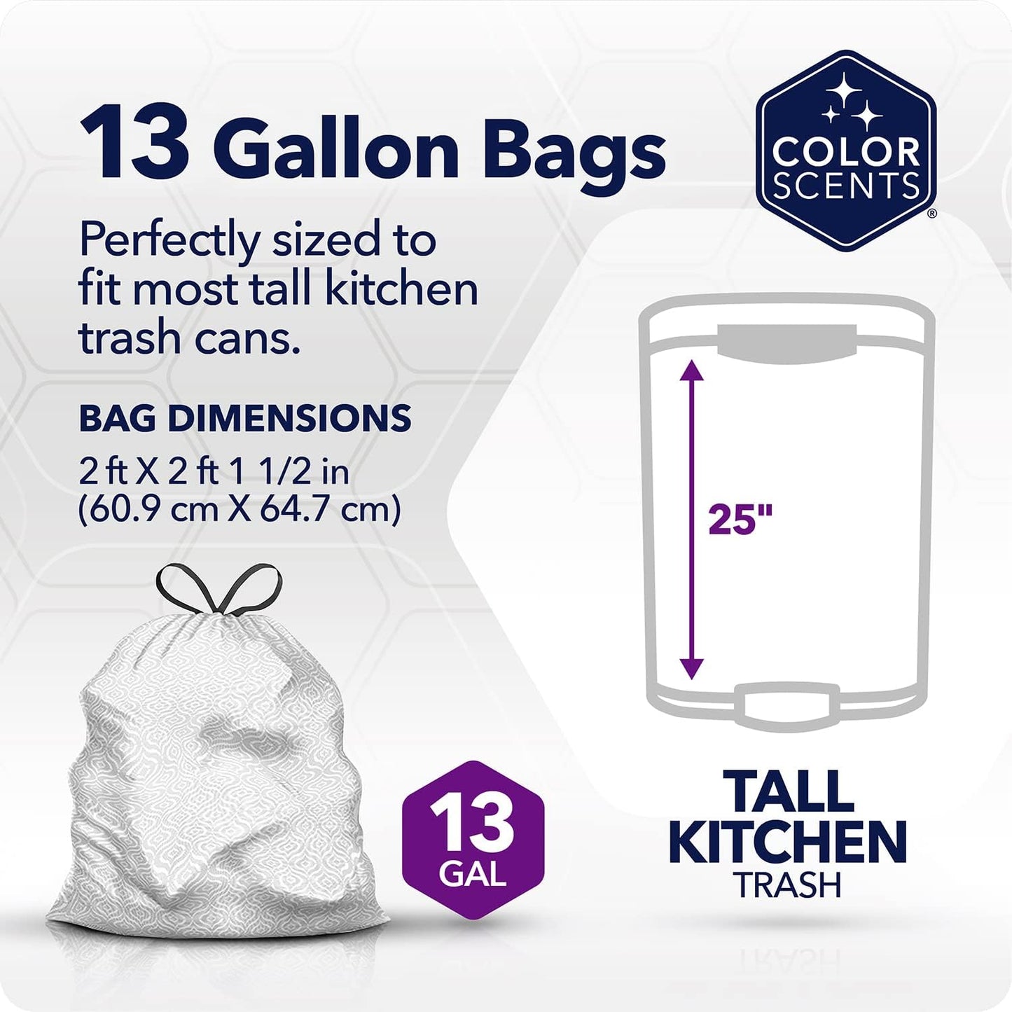 Color Scents Tall Kitchen Trash Bags - 13 Gallon, 100 Bags (1 Pack of 100 Count), Drawstring - White bag in Lavender + Sage Scent with Microban