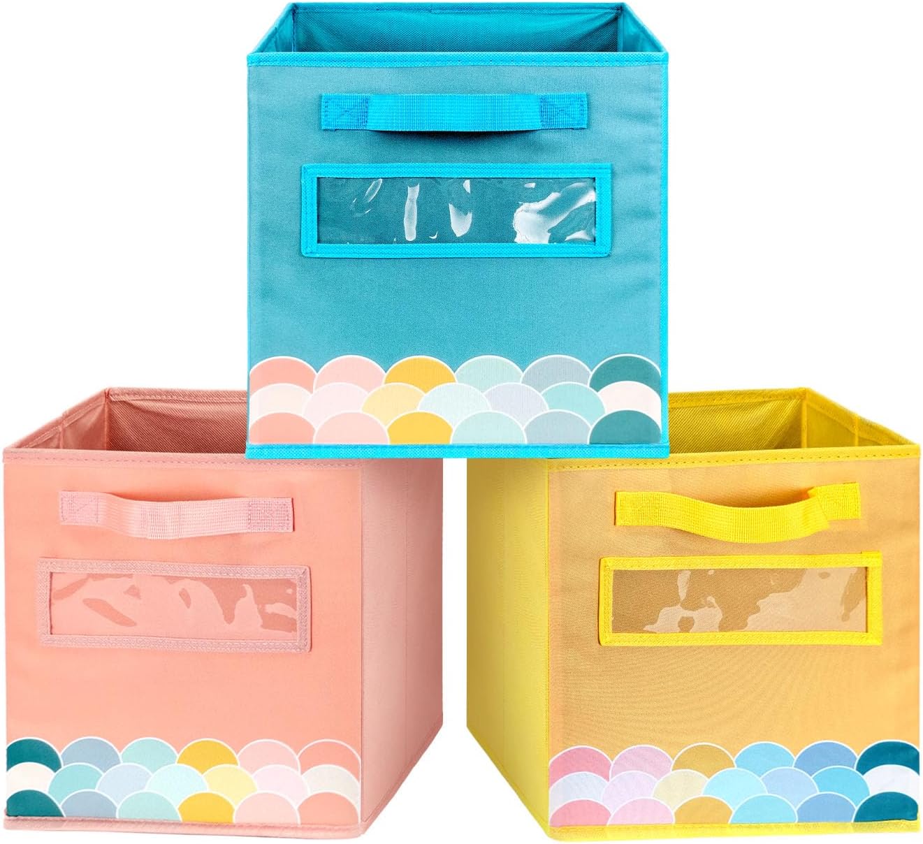 Cube Storage Bins, 3 Pack 11 Inch Fabric Storage Bins with Handle and Label Window, Foldable Storage Cubes, Colorful Fabric Bins for Kids Room, Classroom Organization and Storage, Clothes, Toys