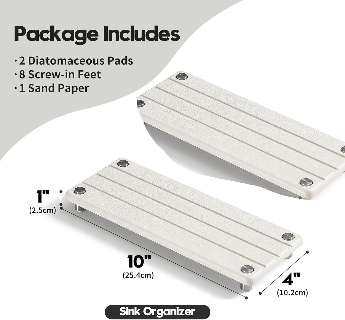 2 Pack Fast Drying Water Absorbing Diatomite Stone Mat Tray for Kitchen & Bathroom Counter - Instant Dry Sink Caddy Organizer - Vanity Holder for Soap and Sponge – Beige Gray 10" x 4"