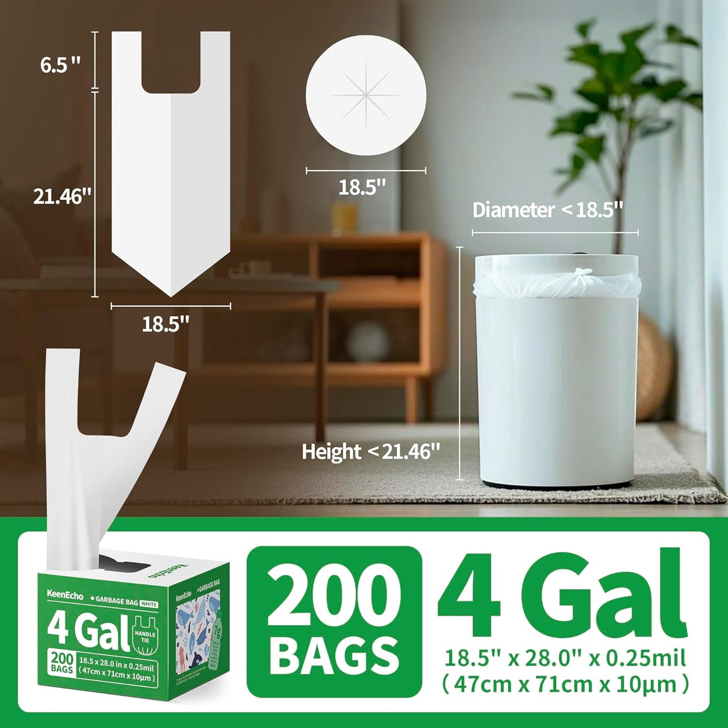 Small Trash Bags with Handles 4 Gallon 200 Count White - Ocean Plastic Upcycling - Plastic Garbage Bags, Can Bin & Waste Basket Liner for Kitchen, Bathroom, Office and Pets