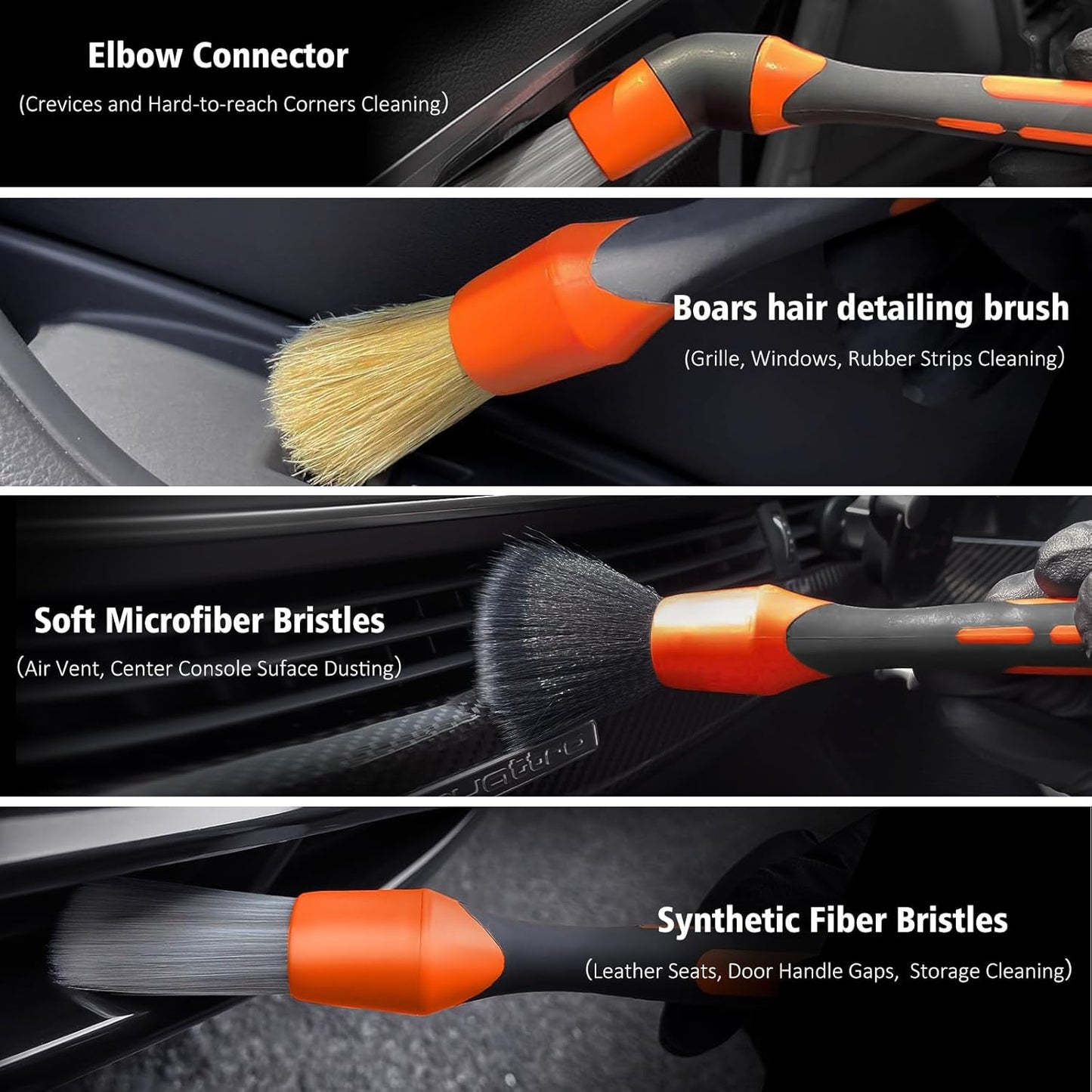 YeewayVeh 7PCS Car Interior Detailing Kit, Horse Hair Car Leather Brush, Applicator Pads and Microfiber Cloth for Car Interior & Seats Leather, Interior Car Cleaning Kit, Orange