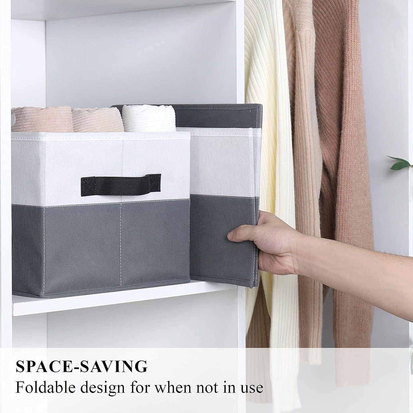 WUIKE Storage Baskets for Shelves, Fabric Closet Storage Bins with Handles, Foldable Clothes Organizer Bins for Bedroom, Nusery, Gray & White, Large, 3-Pack