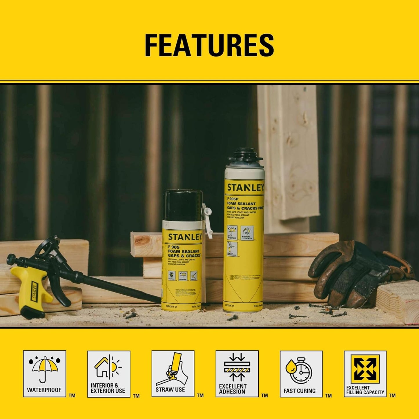 Stanley F905 Gaps & Cracks Sealant (12x12 Oz.) – Polyurethane Spray Foam Insulation for Window & Door, Waterproof Gap Filler, Low Expansion Foam for Indoor & Outdoor Use | Straw Use | 12 Oz. 12 Pack