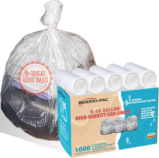 Trash Bags 8-10 Gallon, 1000 Count Bulk Value Pack, Clear Plastic Recycling Bags, Multi-purpose Garbage Bags Can Liners for Business Home Kitchen Commercial and Industrial