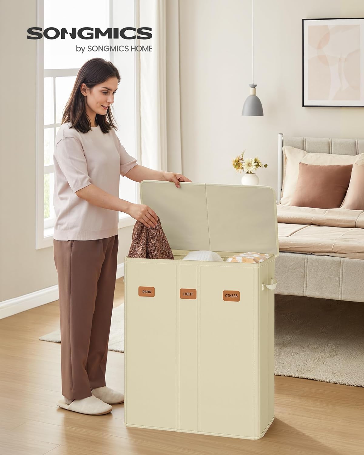 SONGMICS 42.2 Gallon (160 L) Laundry Hamper, 3-Compartment Laundry Basket Sorter with Lid, Labels, Removable Liner Bags, for Bedroom, Cream White URLH013W01