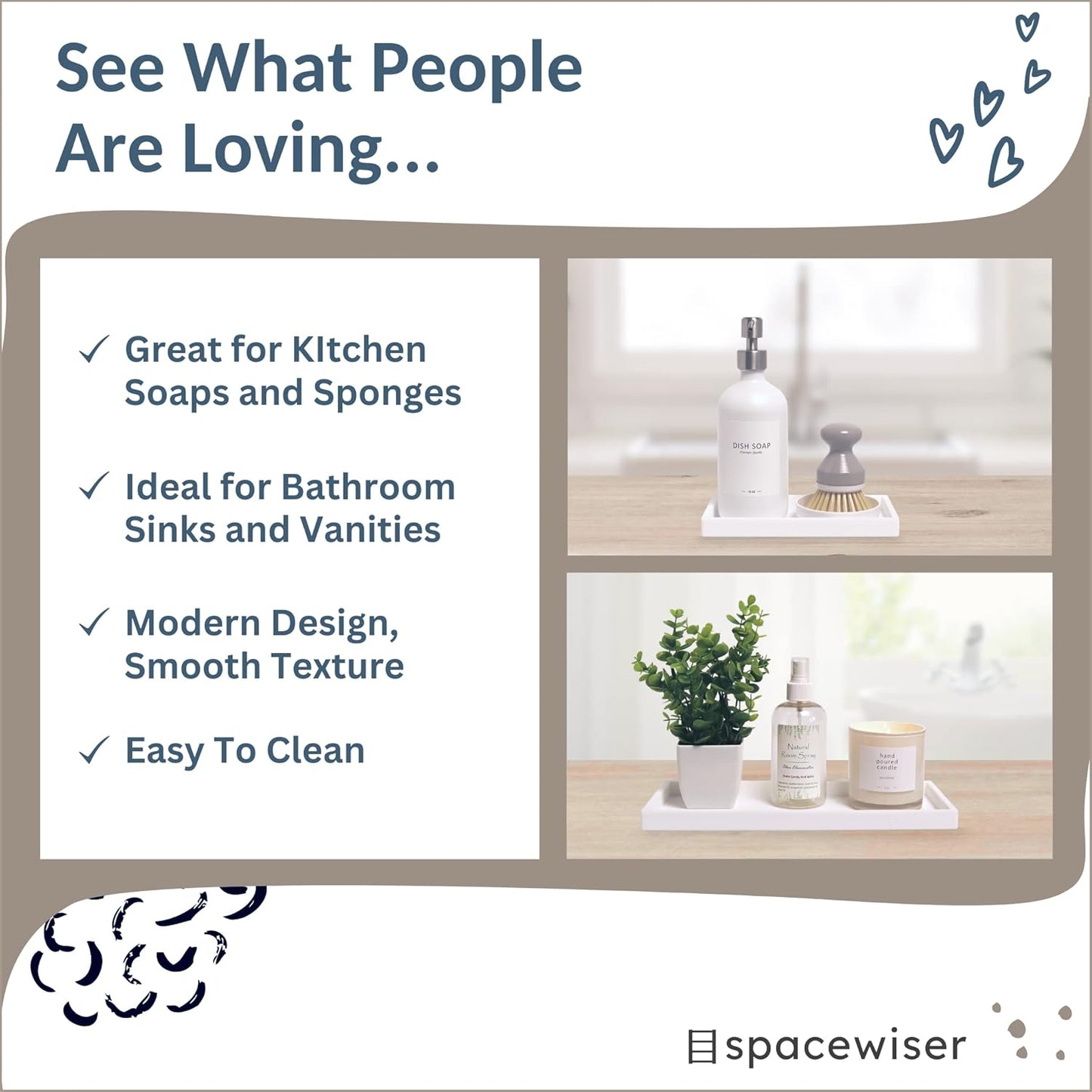 Countertop and Vanity Tray - 2 PC (11” and 7”) Shatterproof Silicone Kitchen and Bathroom Trays for Counter, Kitchen Soap Dispenser Tray, Vanity Trays for Bathroom, Perfume Key Tray