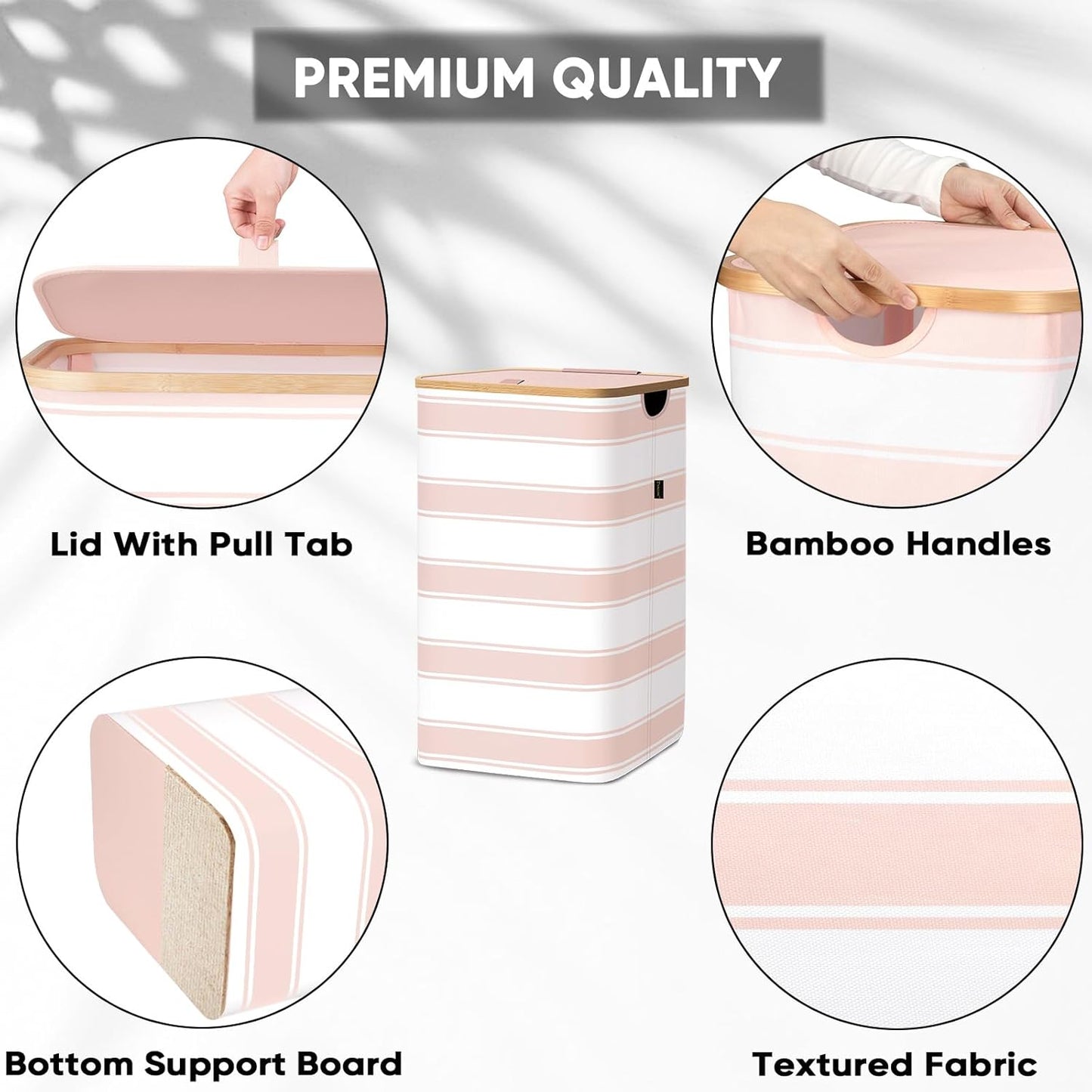BALEINE Laundry Hamper with Lid, Tall Laundry Baskets with Bamboo Pull Handles, Large Laundry Bin with Internal Support (18 Gal/70L, Pink Stripe)