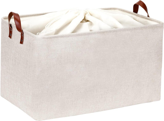 DULLEMELO Large Beige Storage Basket 70L Oversized Canvas Fabric Storage Bin, Collapsible Rectangular Toys Basket Organizer with Handles, 22X15 Storage Container for Clothes, Blankets, Pillows
