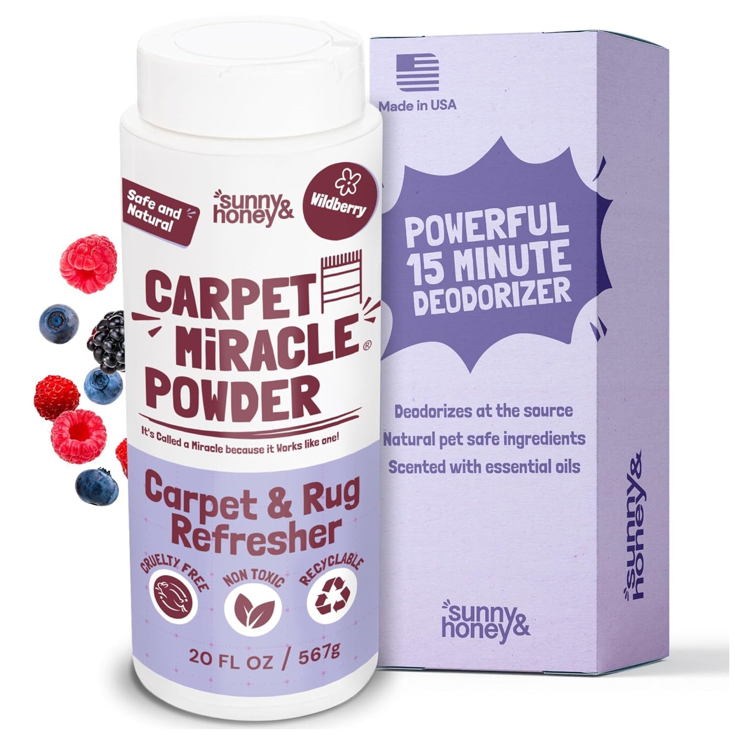 Sunny & Honey Carpet Freshener Powder - 20 Oz Pack, Wildberry Scent - Carpet Deodorizer Powder & Odor Eliminator for Upholstery, Furniture & Rugs, Kid & Pet Safe