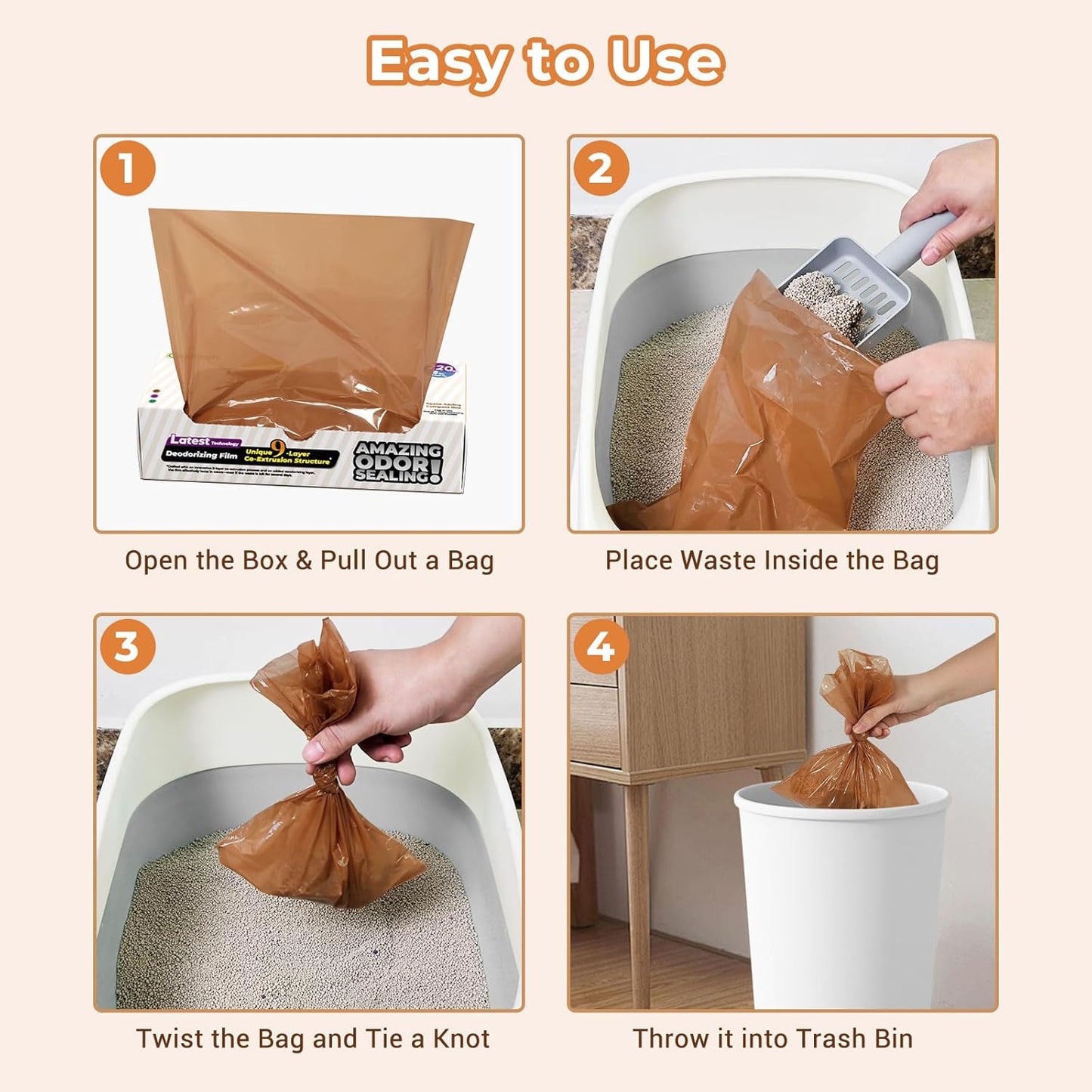 Odor Sealing Small Trash Bags Home & Food Use XL-100 Count Disposable Bags, Durable and Unscented (Color:Brown)