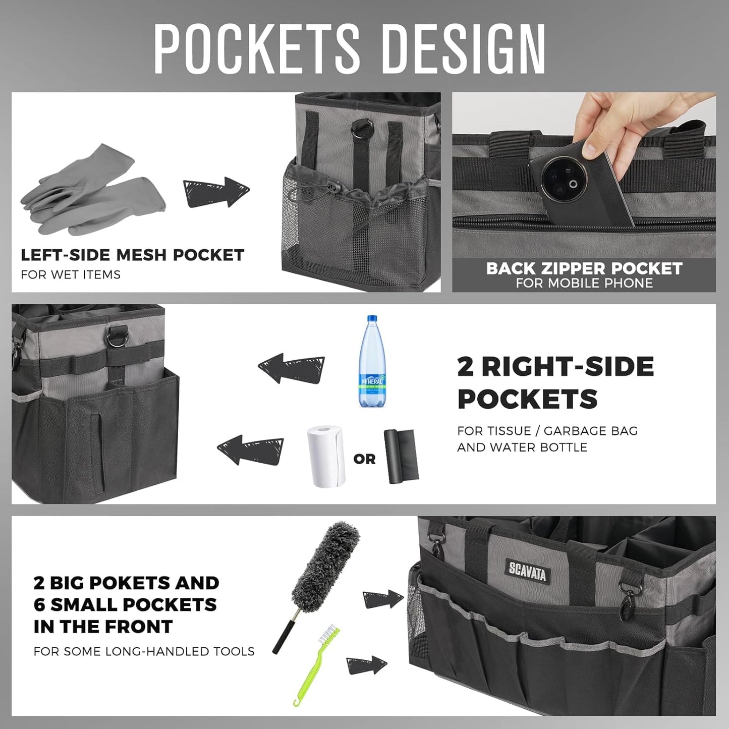 Wearable Cleaning Caddy Bag, Cleaning Caddy Supplies Organizer with Handle & Shoulder Straps for Housekeepers, Under Sink & Car Cleaning Tool Organizers with 4 Foldable Divider (DarkGrey)