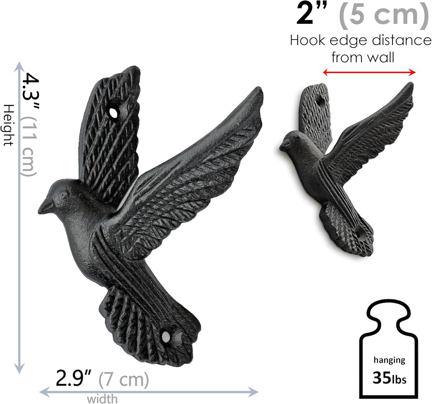 Ambipolar Flying Style Iron Cast Decorative Pigeon Bird Wall Mounted Coat Hooks, 5 Pieces, Black