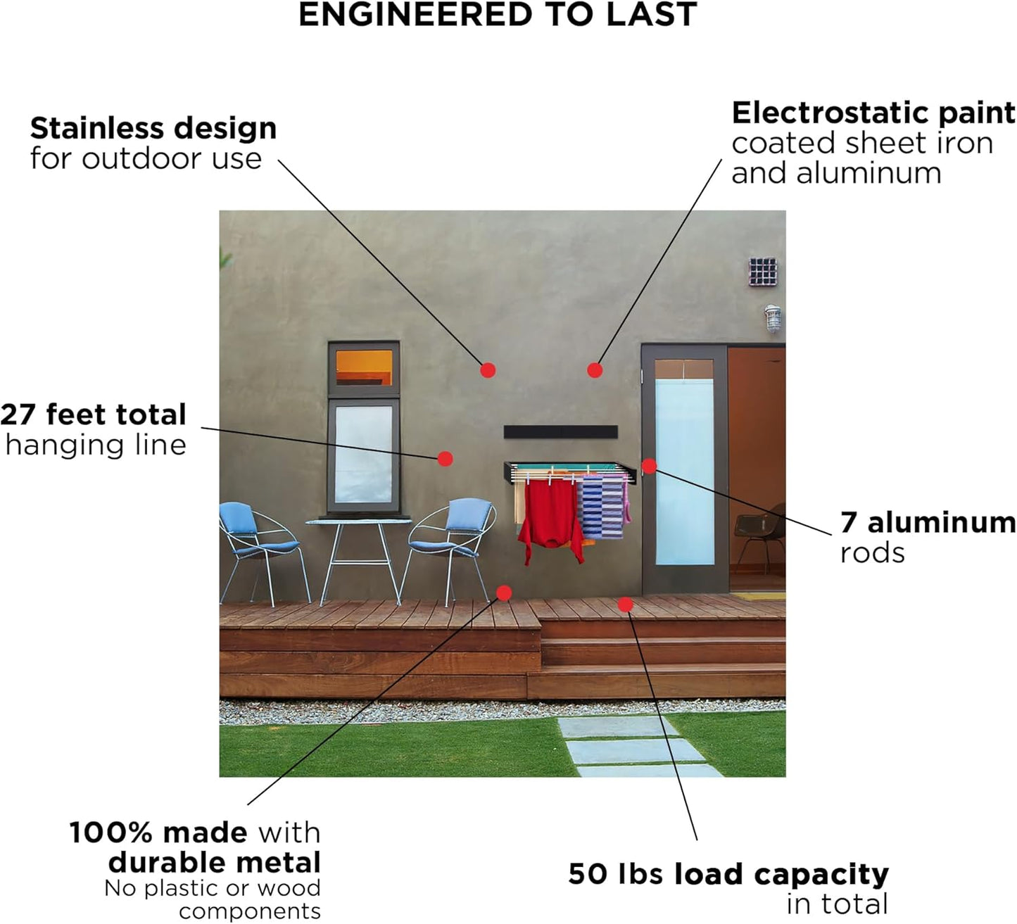 Step Up Laundry Drying Rack (Extra Large: 47 Inches, 12 Lbs), Wall Mounted, Retractable Clothes Drying Rack, 70lbs Capacity, 27 Linear Ft, with Wall Template and Long Drill Bit (47" White)