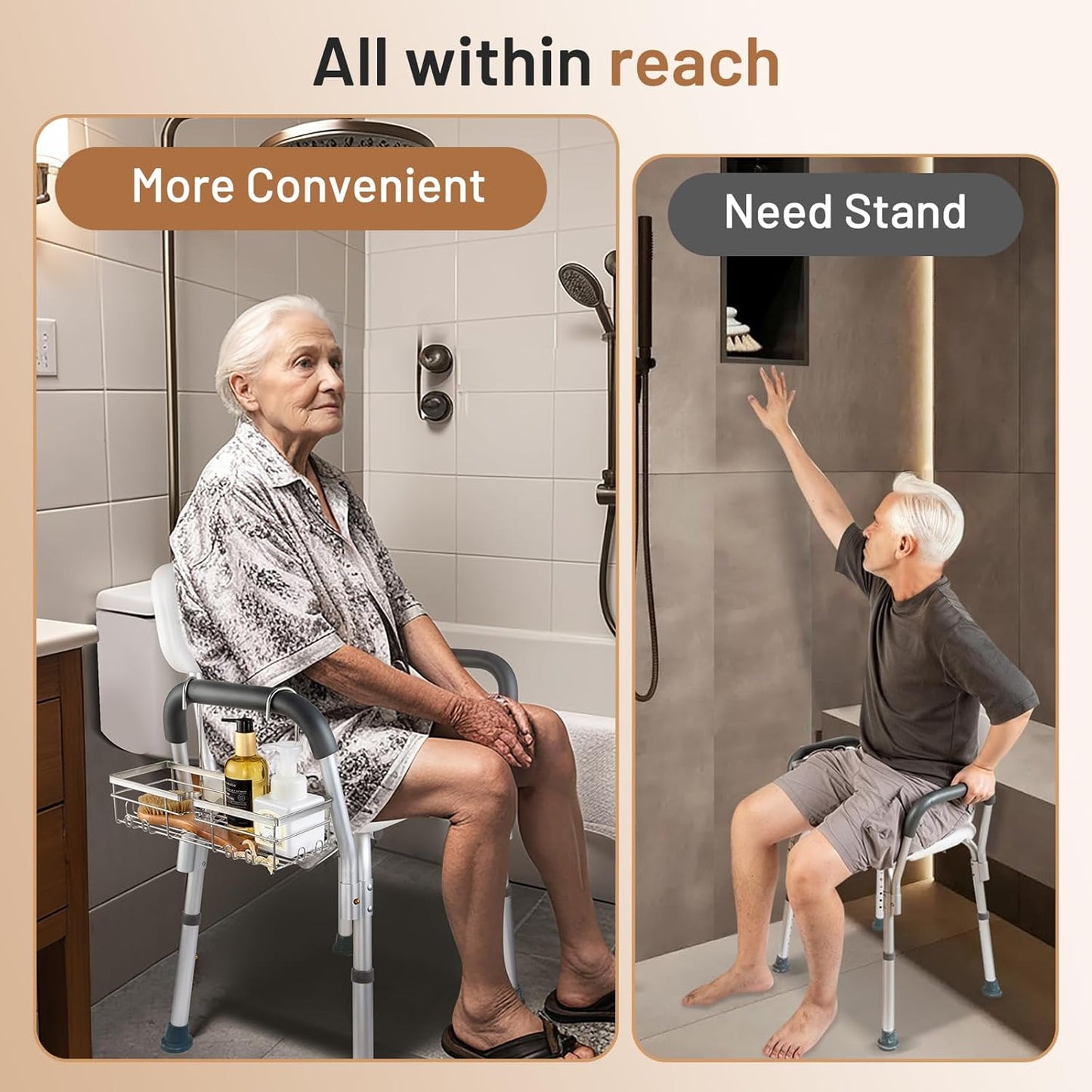 DELLAN Hanging Shower Caddy, Shower Rack with Hooks for Shower & Bath Chair, Bathroom Shower Basket for Elderly, Pregnant, Handicap, Patient