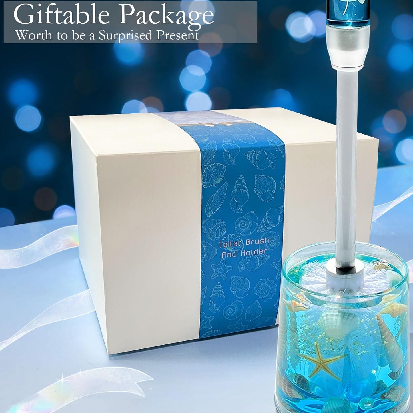 FONMY Toilet Brush and Holder Acrylic with Nature Seashell,Compact Size Toilet Bowl Brush with Plastic Handle Easy to Hide, Drip-Proof,Space Saving for Storage,Easy to Assemble,Deep Cleaning, (Blue)