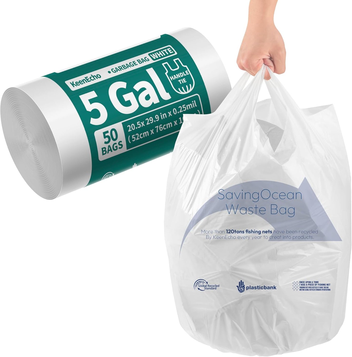 Small Trash Bags with Handles 5 Gallon 50 Count White - Ocean Plastic Upcycling - Plastic Garbage Bags, Can Bin & Waste Basket Liner for Kitchen, Bathroom, Office and Pets