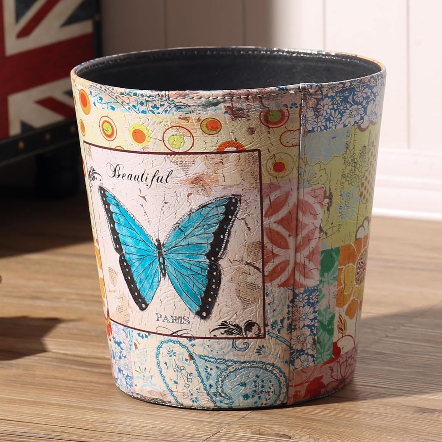 PU Leather Small Trash Can Wastebasket, Round Garbage Container Basket for Bathrooms, Laundry Room, Kitchens, Offices, Kids Rooms, Bedrooms,Dorms,Home Decorative Art Bin, 2.9 Gallon(Blue Butterfly)
