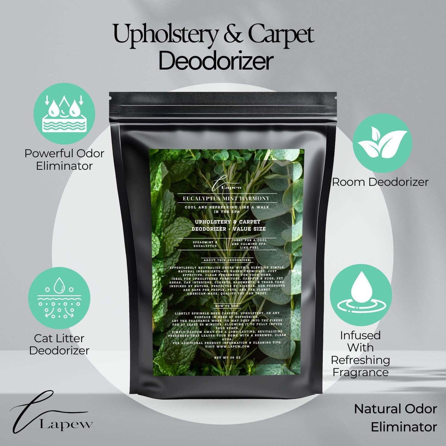 Eucalyptus Mint Harmony Carpet Freshener Powder Refill 36 oz | Powerful Odor Eliminator for Home | Upholstery Deodorizer | Carpet Deodorizer | Pet Urine | Cat Litter Box | Eucalyptus Spearmint