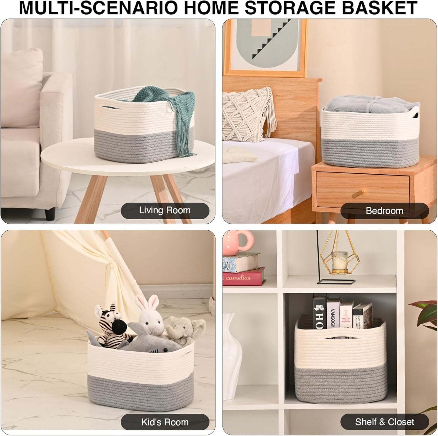 Woven Cotton Rope Storage Basket for Organizing, Cute Decorative Baskets for Gifts Empty, Organizer Bins for Dog Toy, Baby Laundry, 15“×11”×9.5“, Off White & Grey