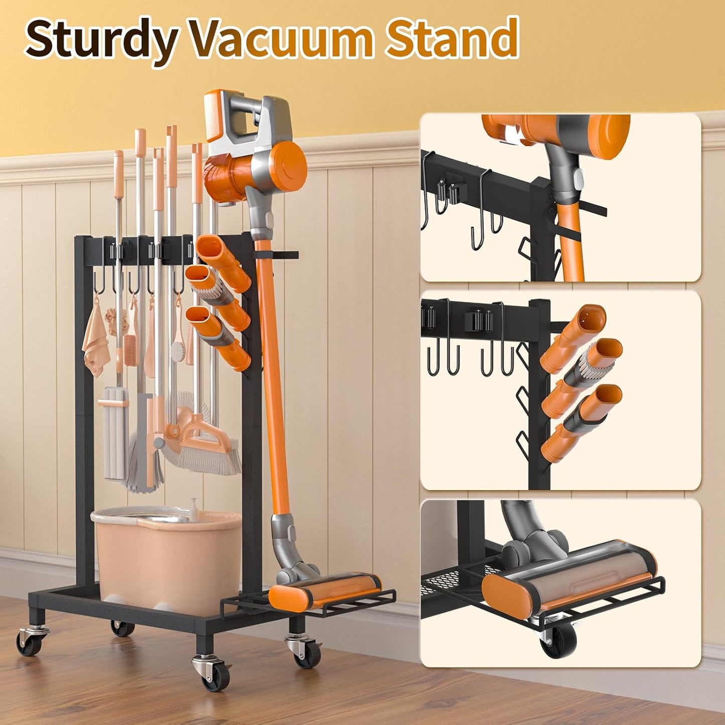 Cleaning Supplies Organizer with Broom Holder Load 160 LBS Cleaning Cart with Wheels Broom Closet Storage with 6 Mop Hanger Grippers, 3 Double-Hooks, Vacuum Stand for Laundry Garage Organization
