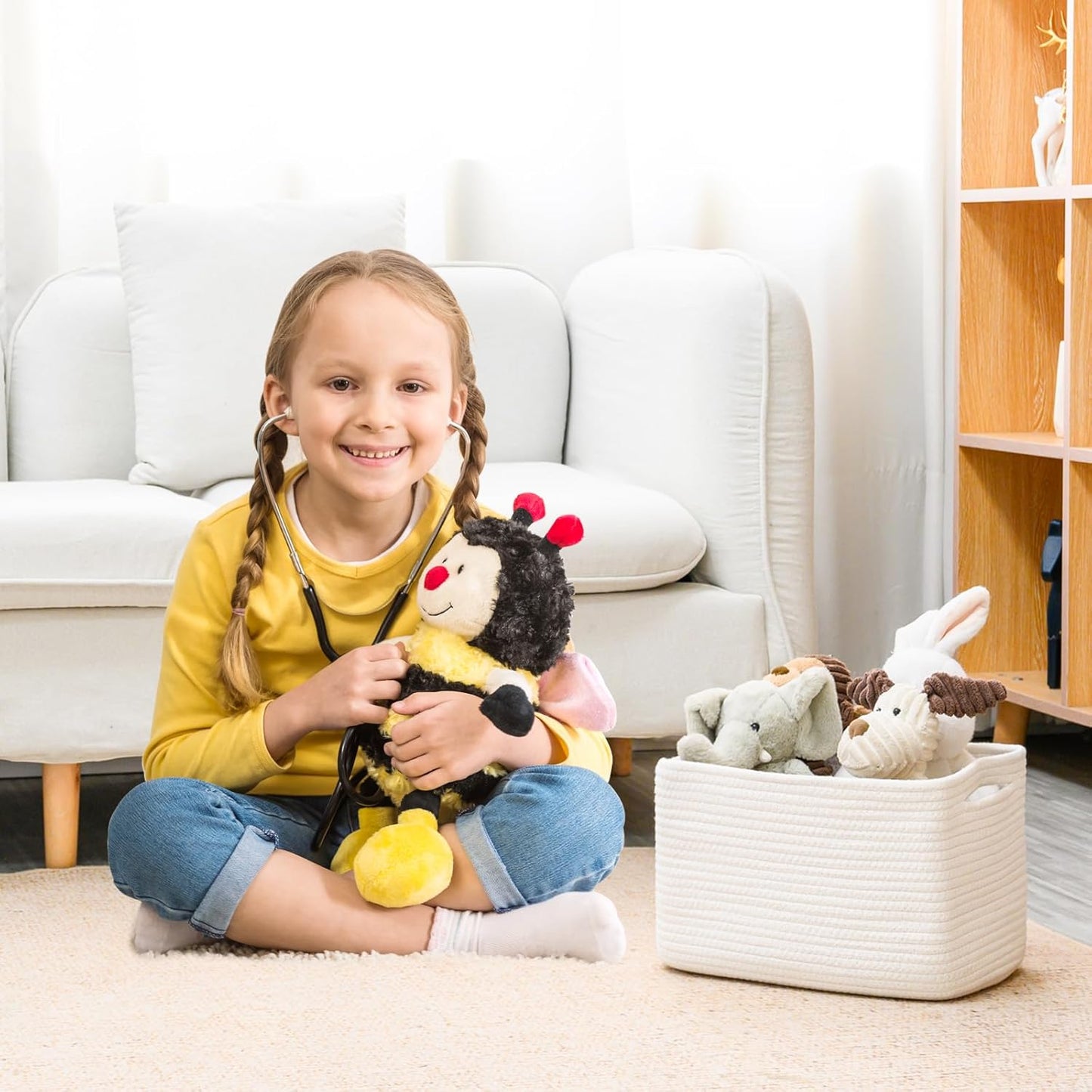 White Storage Baskets for Organizing, Woven Storage Baskets for Shelves, Cotton Rope Basket for Storage, Cute Rectangular Book Toy Basket, 12.7"×9.1"×7.9", 4 Packs, Off White