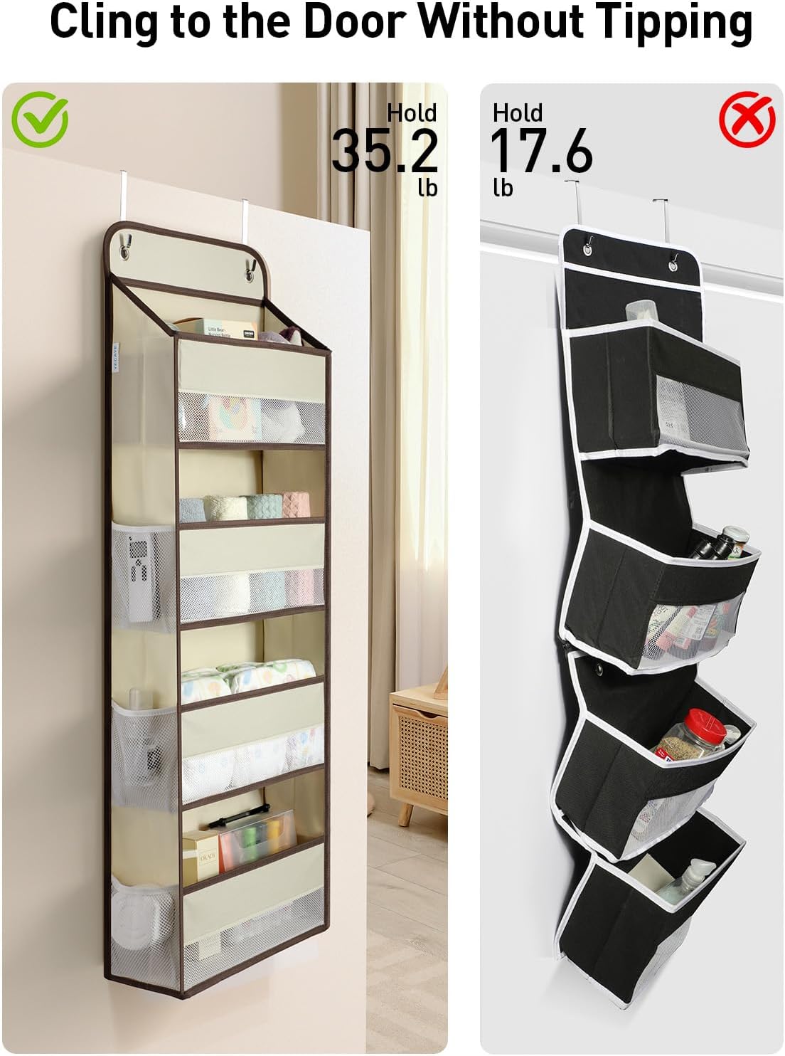 Yecaye Hanging Over the Door Organizer 1 Pack, 35.2lbs Load Toy Stuffed Animal Storage, Swing-proof Bathroom Organizers and Storage for Nursery Newborn Baby Essential Stuff Beige