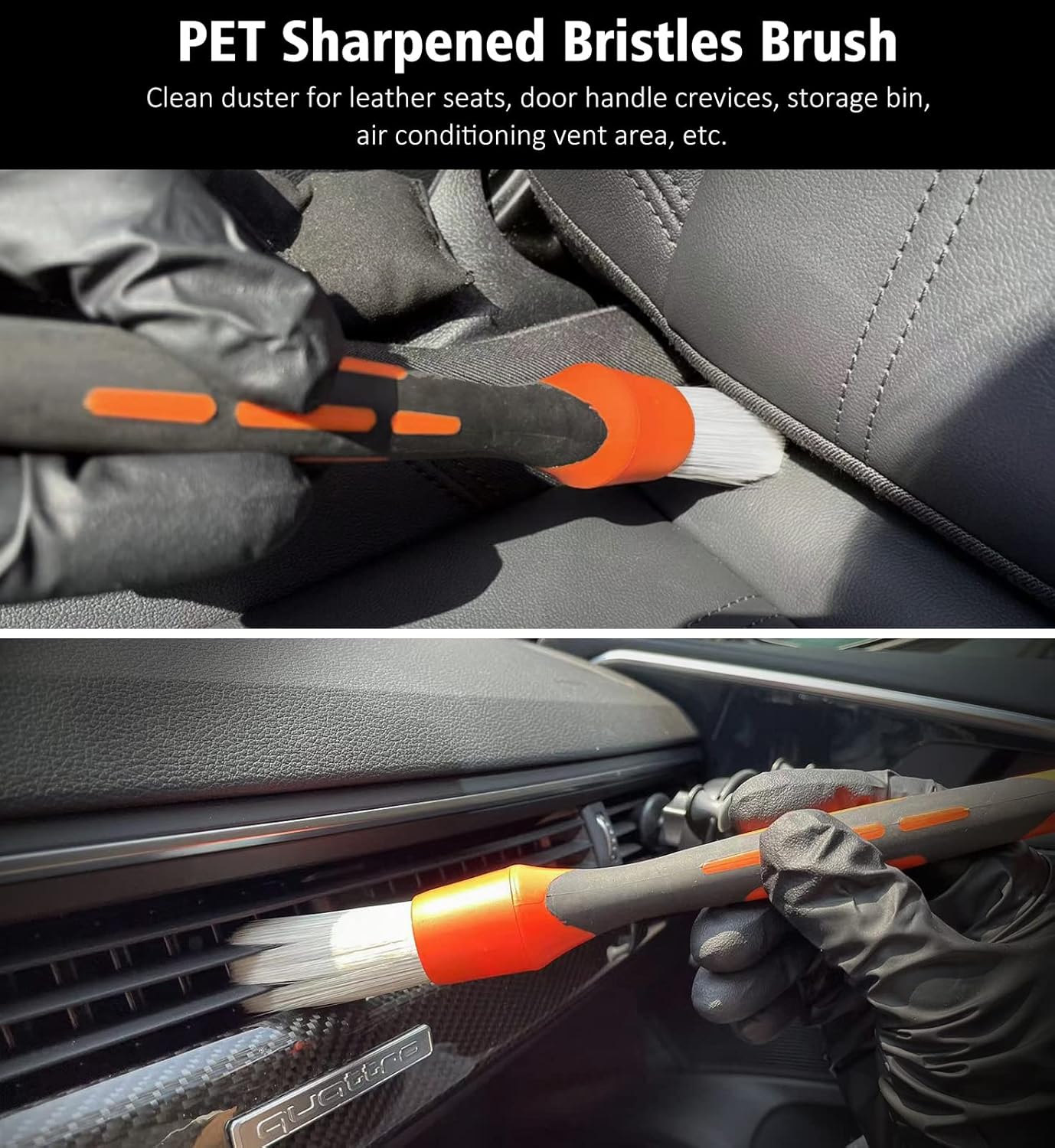 YeewayVeh 3pcs Car Detailing Brush Set, 1pc Boars Hair Detailing Brushes,1pc Ultra Soft Detail Brush for Air Vent Leather Seat, 1pc Scratch Free Car Detailing Brushes for Interior Exterior, Orange