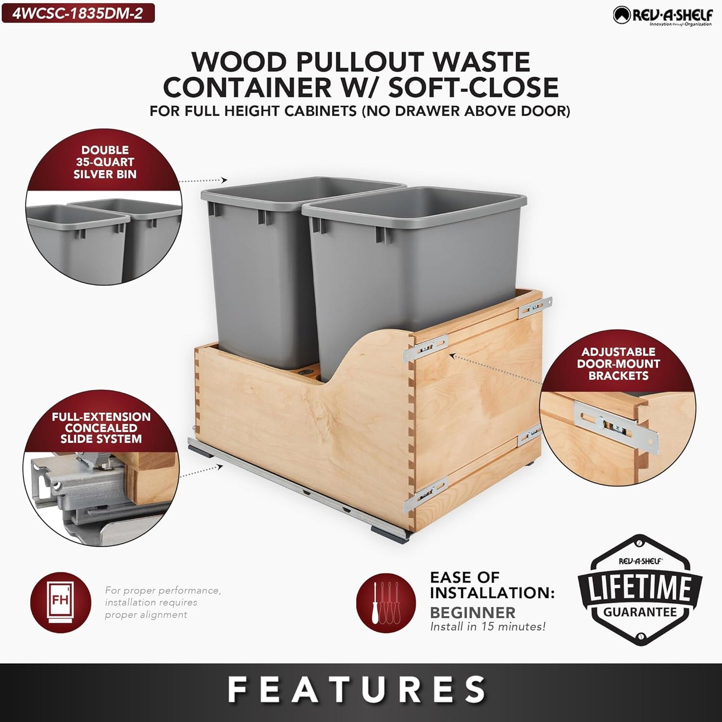 Rev-A-Shelf Pullout Trash Cans for Kitchen Cabinet, Dual 35 Qt Bins with 15" Wood Frame - Large Garbage Bin Containers for Home Waste Storage and Recycling