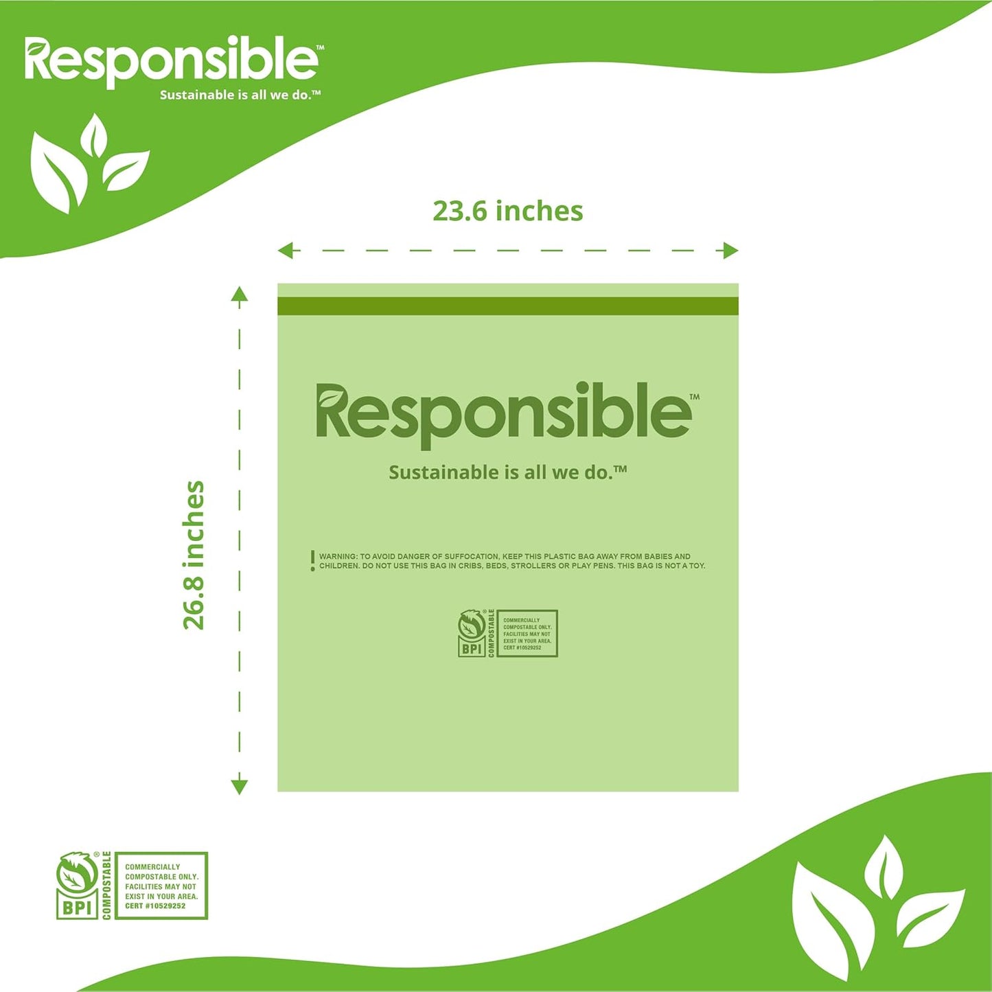 Responsible Products Kitchen Bin Liners, Certified Compostable, Heavy Duty Multipurpose Food Scrap Bags, Made from Compostable Materials (13 Gallon Drawstring, 13 Gallon (100 Count))