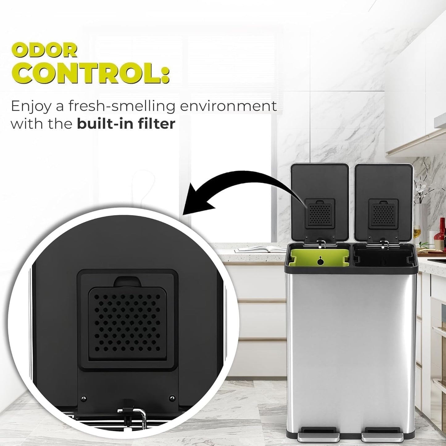 SIMPLI-MAGIC 16 Gallon (60L) Dual Compartment Step Trash Can – Kitchen Garbage Can with Waste & Recycling Bins – Slow-Close Lid, Odor Control, Hands-Free, Inner Bases, Premium Stainless Steel