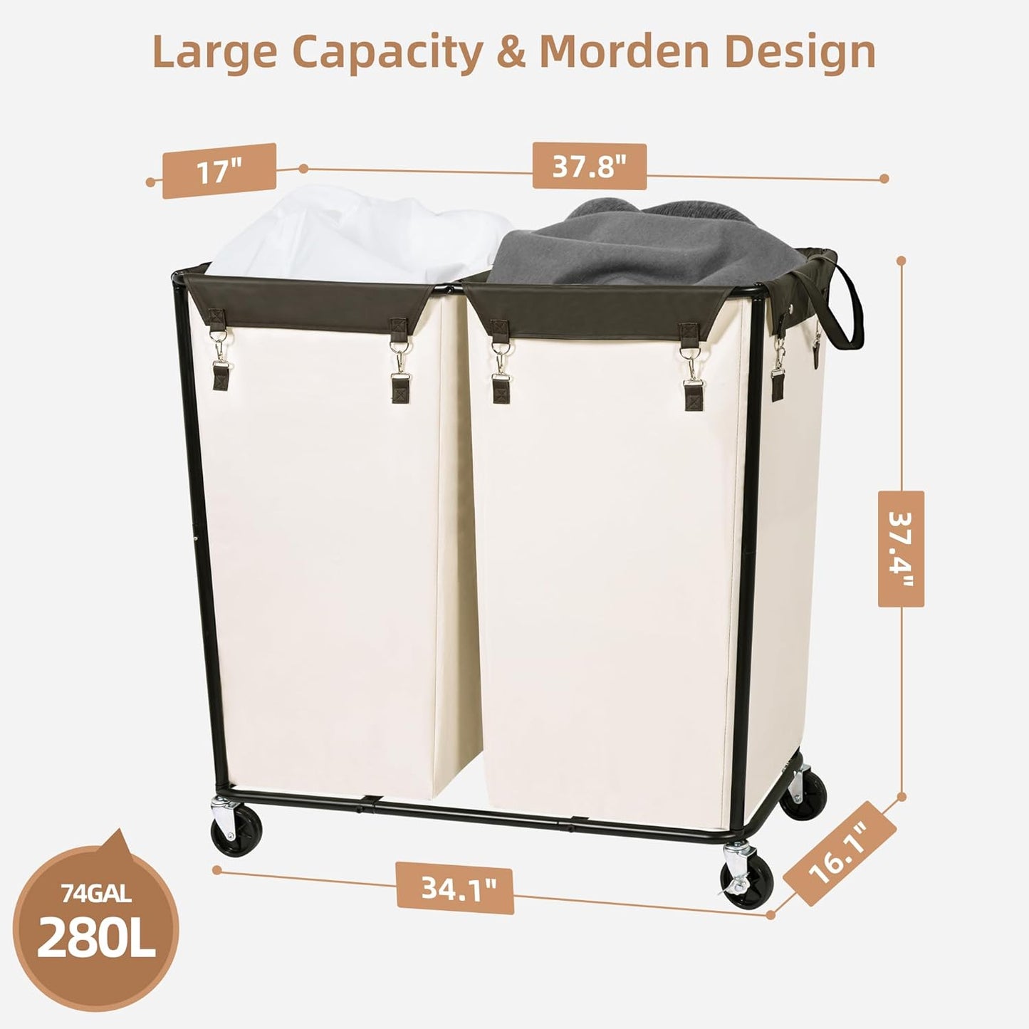 STORAGE MANIAC Commercial Laundry Hamper with Heavy Duty Steel Frame, 74 Gal. Industrial Laundry Basket Cart with Wheels for Hotel, Home, Laundry Room, Big Large Clothes Sorter, 2 Section Beige