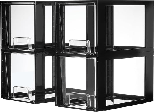 Vtopmart 4 Pack Large Stackable Storage Drawers,Black,Easily Assemble Acrylic Bathroom Closet Undersink Organizers and Storage,Plastic Bins for Kitchen Cabinets,Pantry,Makeup,Medicine Organization
