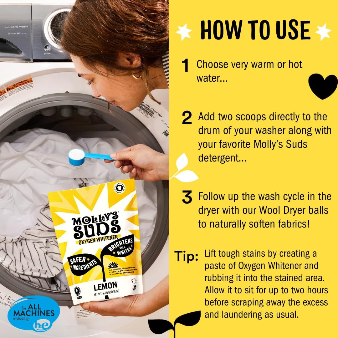 Molly's Suds Oxygen Whitener | Powerful Bleach Alternative, Chlorine Free & Color Safe | Brightens Whites and Removes Stains (Lemon Essential Oil - 41.09 oz)