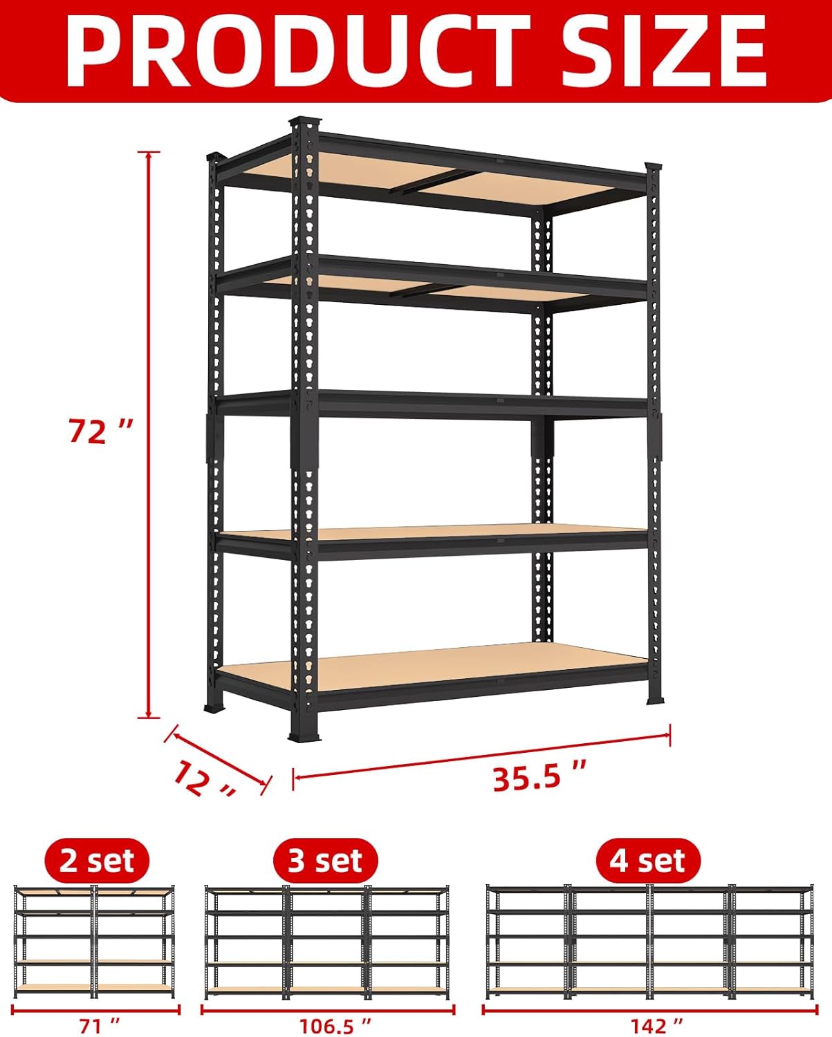 PrimeZone 35.5" x 12" x 72" Heavy Duty Storage Shelves - 5 Tier Adjustable Garage Storage Shelving, Metal Storage Utility Rack Shelf Unit for Warehouse Pantry Closet Kitchen, Black, 3 Pack