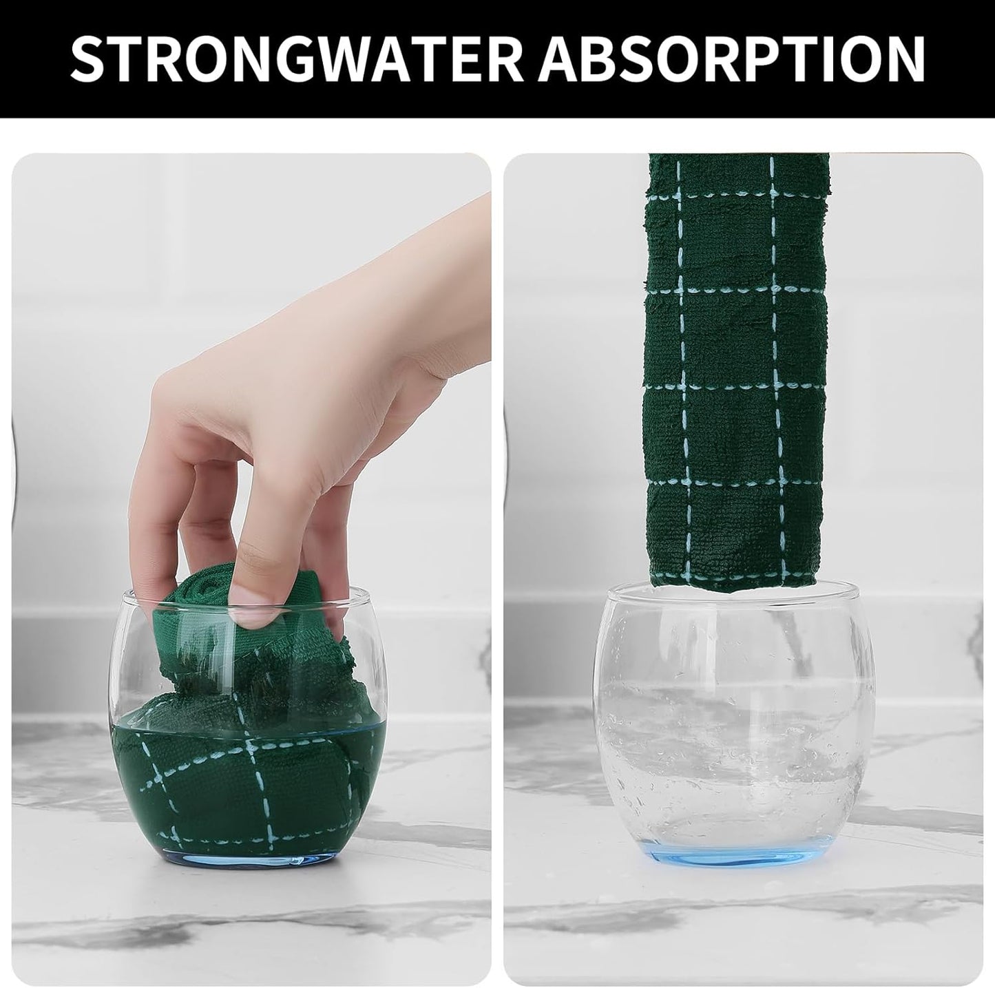 Homaxy 100% Cotton Terry Kitchen Towels(Dark Green, 13 x 28 inches), Checkered Designed, Soft and Super Absorbent Dish Towels, 8 Pack