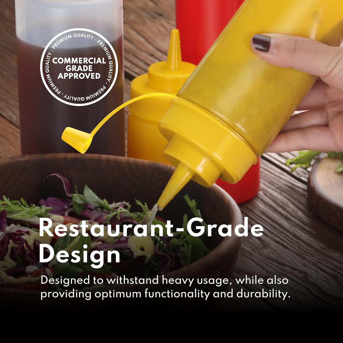 New Star Foodservice 26528 Plastic Squeeze Bottles with Cap and Scale, Wide Mouth, 16 oz, Yellow, Pack of 6