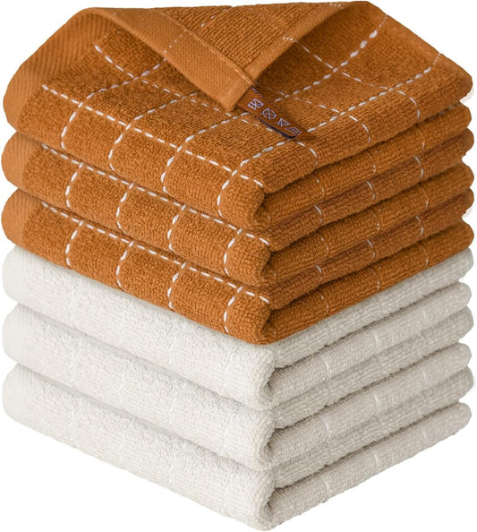 Artoid Mode Checkered Designed Cotton Beige Caramel Terry Kitchen Dish Cloths, 12x12 Inch Soft Absorbent Quick Drying Cleaning Kitchen Rags Set of 6