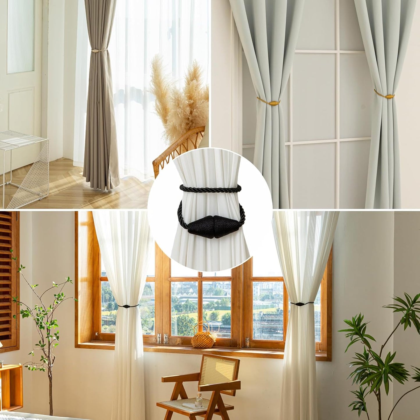 Magnetic Curtain Tiebacks 2 Pack Outdoor Rope Curtain Tie Backs Decorative Window Treatment Holdbacks for Home Decorative Curtain, Black