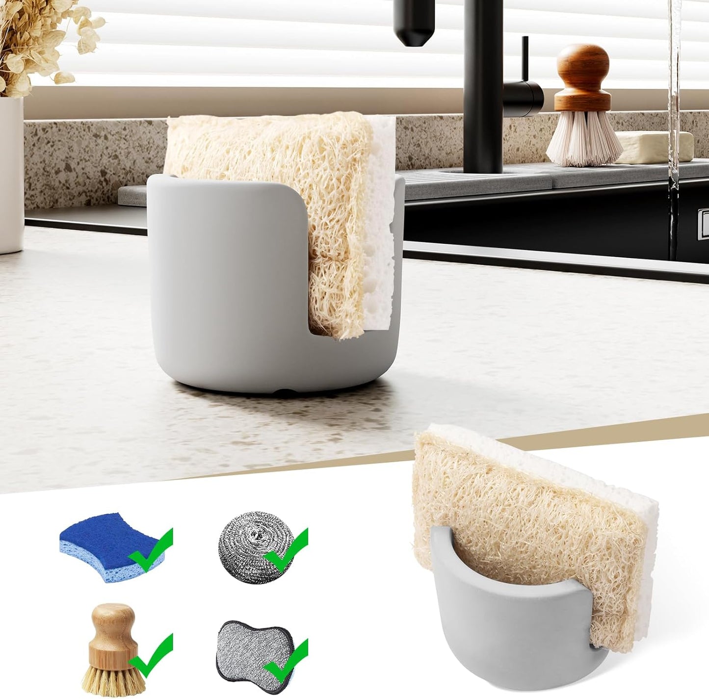 Diatomite Sponge Holder, Quick Dry Stone Sponge Stand for Kitchen Countertop Organizer, Diatomaceous Earth Sponge Stand, Absorbent Sponge Holder, Gray