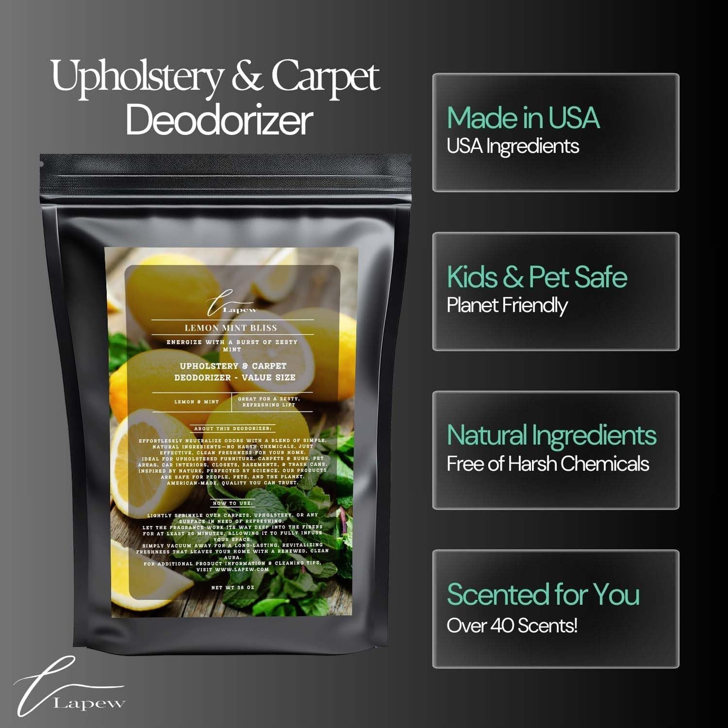 Lemon Mint Bliss Carpet Freshener Powder Refill 36 oz | Powerful Odor Eliminator for Home | Upholstery Deodorizer | Carpet Deodorizer | Pet Urine | Cat Litter Box