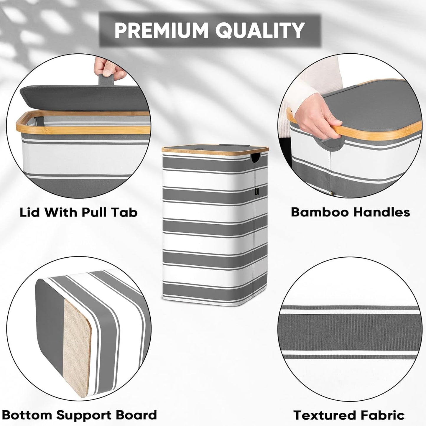 BALEINE Laundry Hamper with Lid, Tall Laundry Baskets with Bamboo Pull Handles, Large Laundry Bin with Internal Support (26 Gal/100L, Grey Stripe)