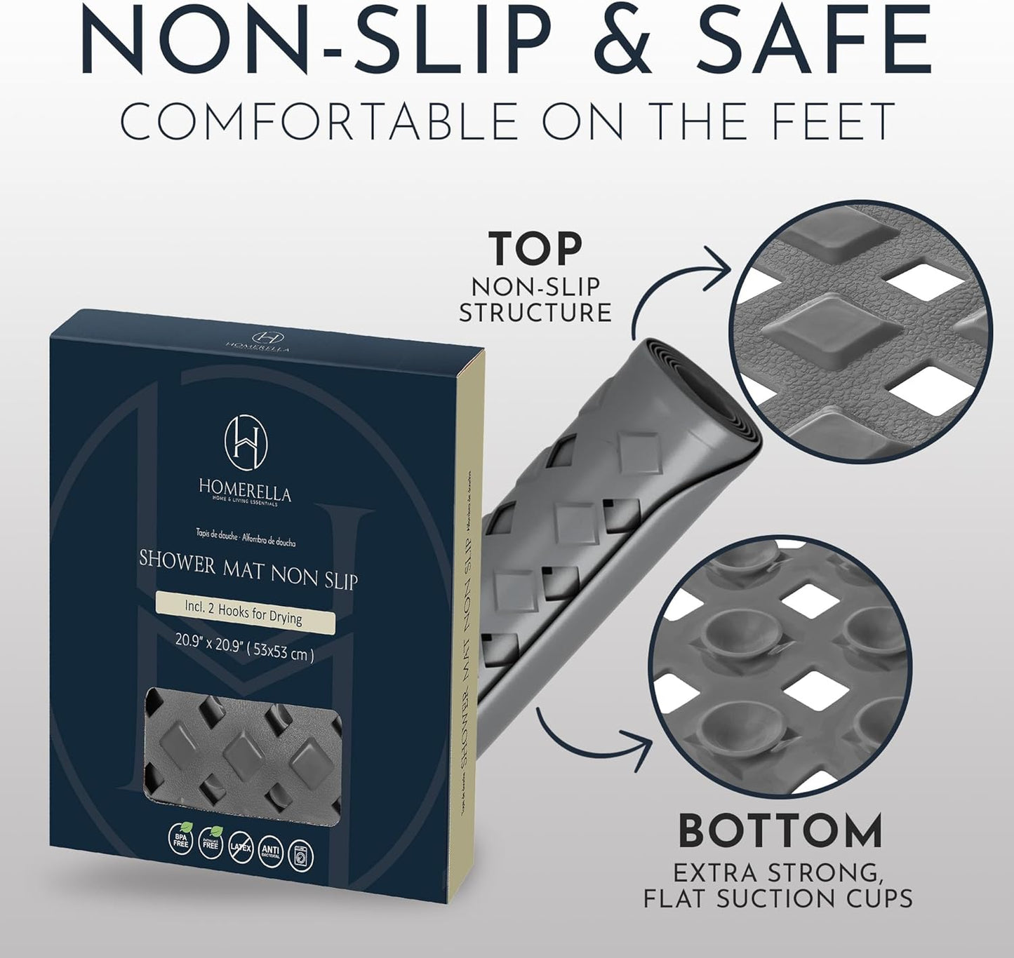 Homerella Anti Slip Shower Mat | Anti Mold Non Slip Bathtub Mat for Inside Shower | Square Floor Shower Mat 21 x 21 inch with Suction Cups for Grip & Hooks Hanging and Quick Drying | Machine Washable