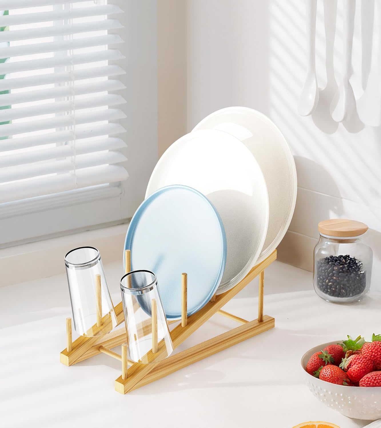 Bamboo Dish Drying Rack, 5 Slots Kitchen Organizer Craft Show Display Stand for Holds Plates, Bowls Cups, Cutting Boards, Pot Lids, Canvas, Books, Records, Artwork and Magazine