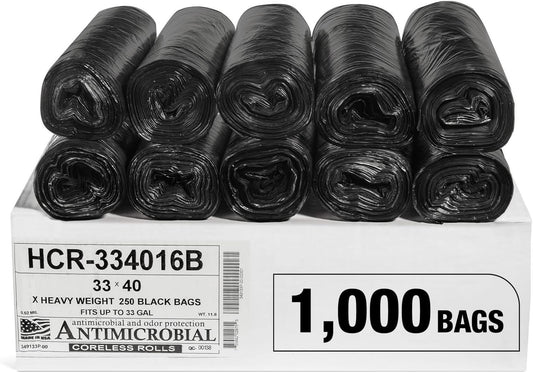 Aluf Plastics High Density Trash Bags, 33 Gallon, 1000 Count, 16 Micron (eq), 33" x 40", Black, for Bathroom, Office, Industrial, Commercial, Janitorial, Municipal, Recycling
