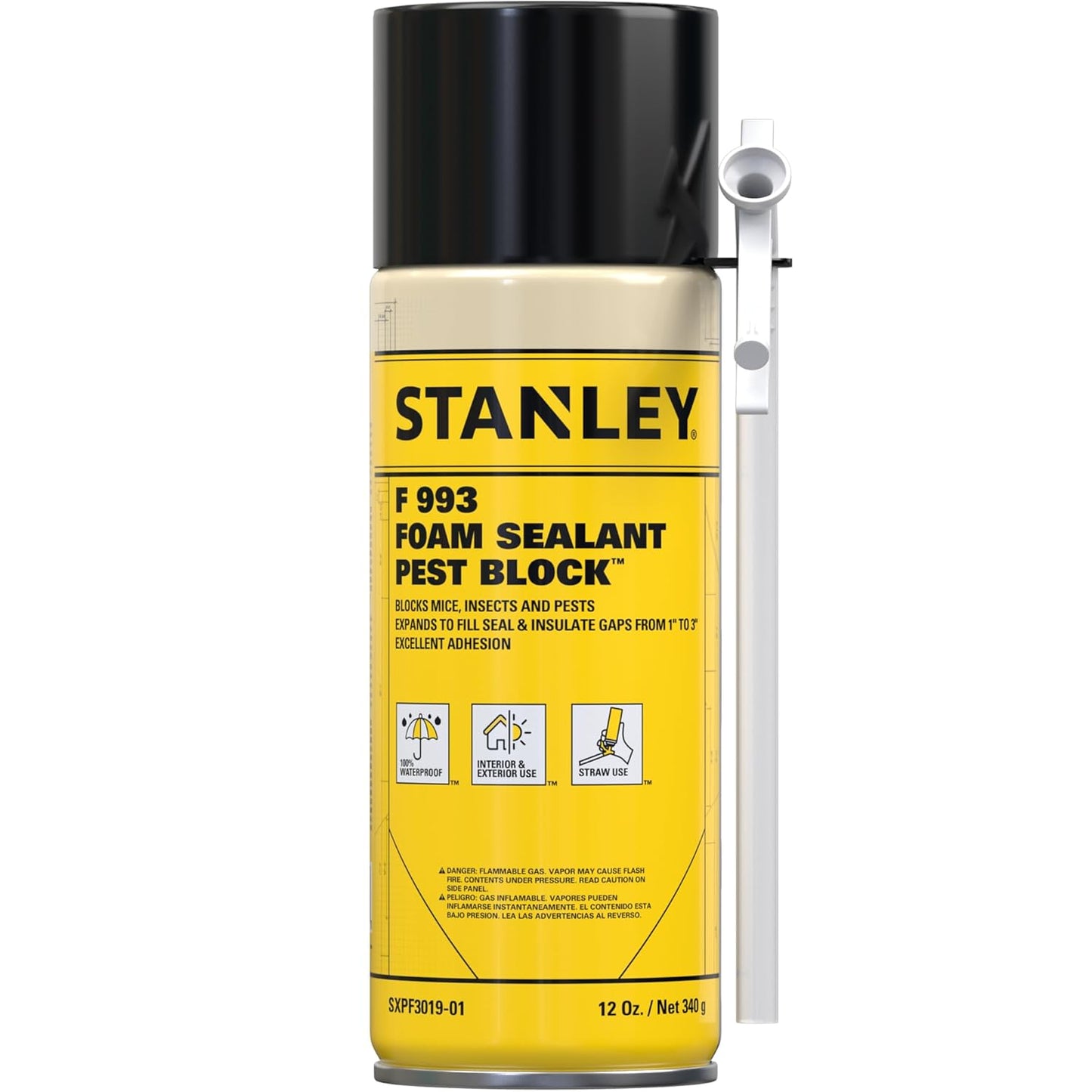 Stanley F993 Expanding Foam Sealant Spray – (1x12oz) Gaps & Cracks Filler, PestBlocker for Indoor/Outdoor Use – Paintable, Waterproof, Polyurethane Insulation Foam with Straw Applicator | 1 Pack