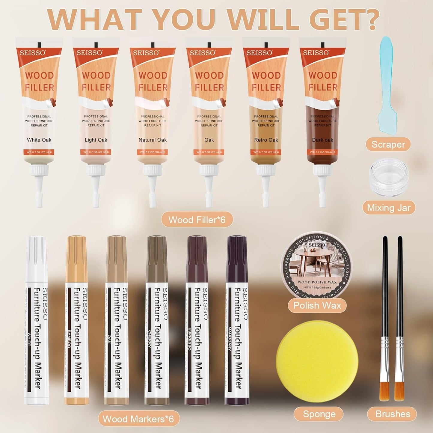 Wood Furniture Repair Kit - 6 Oak Color Wood Fillers with 6 Touch Up Markers and Wood Polish Wax for Wooden Stains, Scratch Repair, Cracks, Perfect for Laminate, Cabinet, Tables, Oak, Walnut