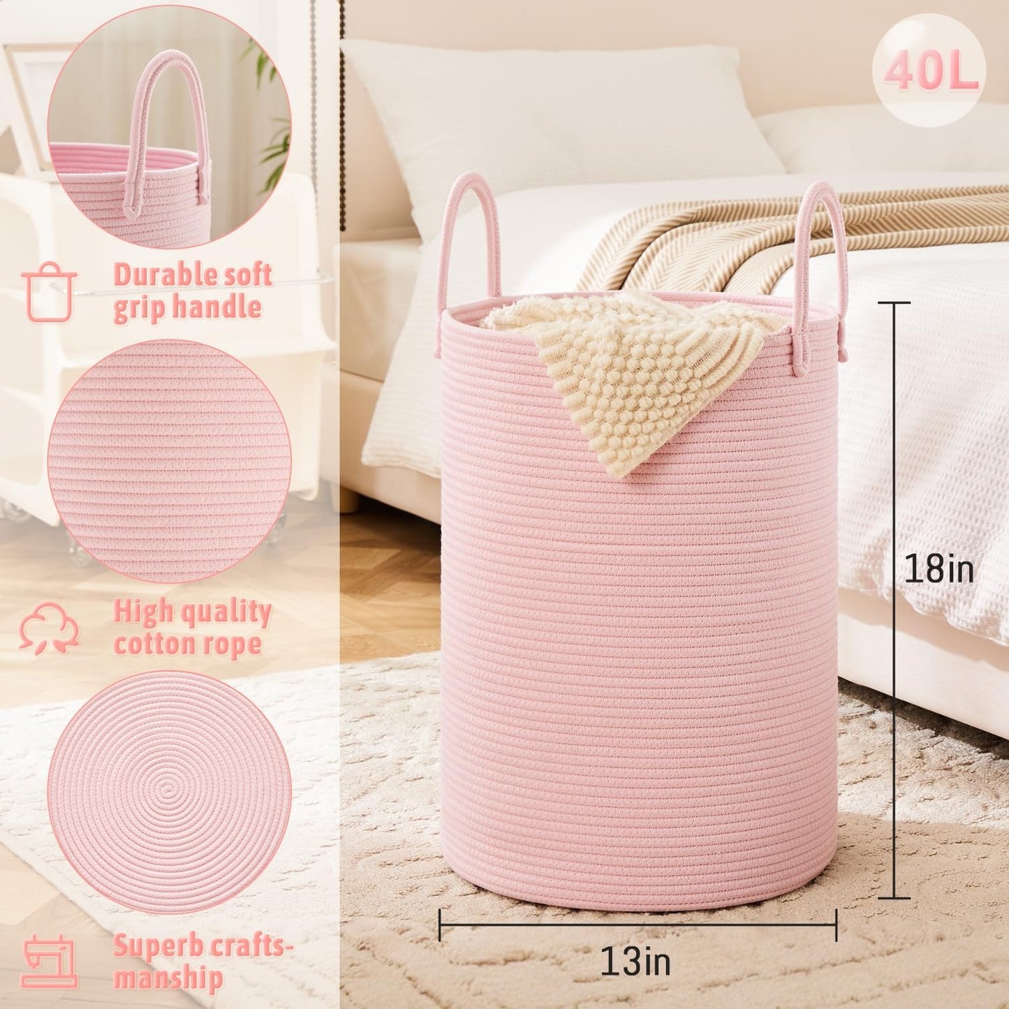 Laundry Basket,Woven Cotton Rope Laundry Hamper,40L for Decorative Storage of Dirty Clothes,Toys and Blankets in Bathroom,Baby Room and Living Room