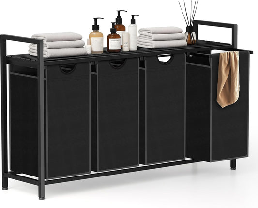 Laundry Hamper, Laundry Sorter with 4 Pull-Out Removable Oxford Fabric Bags Cloth Laundry Basket 4 x 10 Gallons (Charcoal Black)