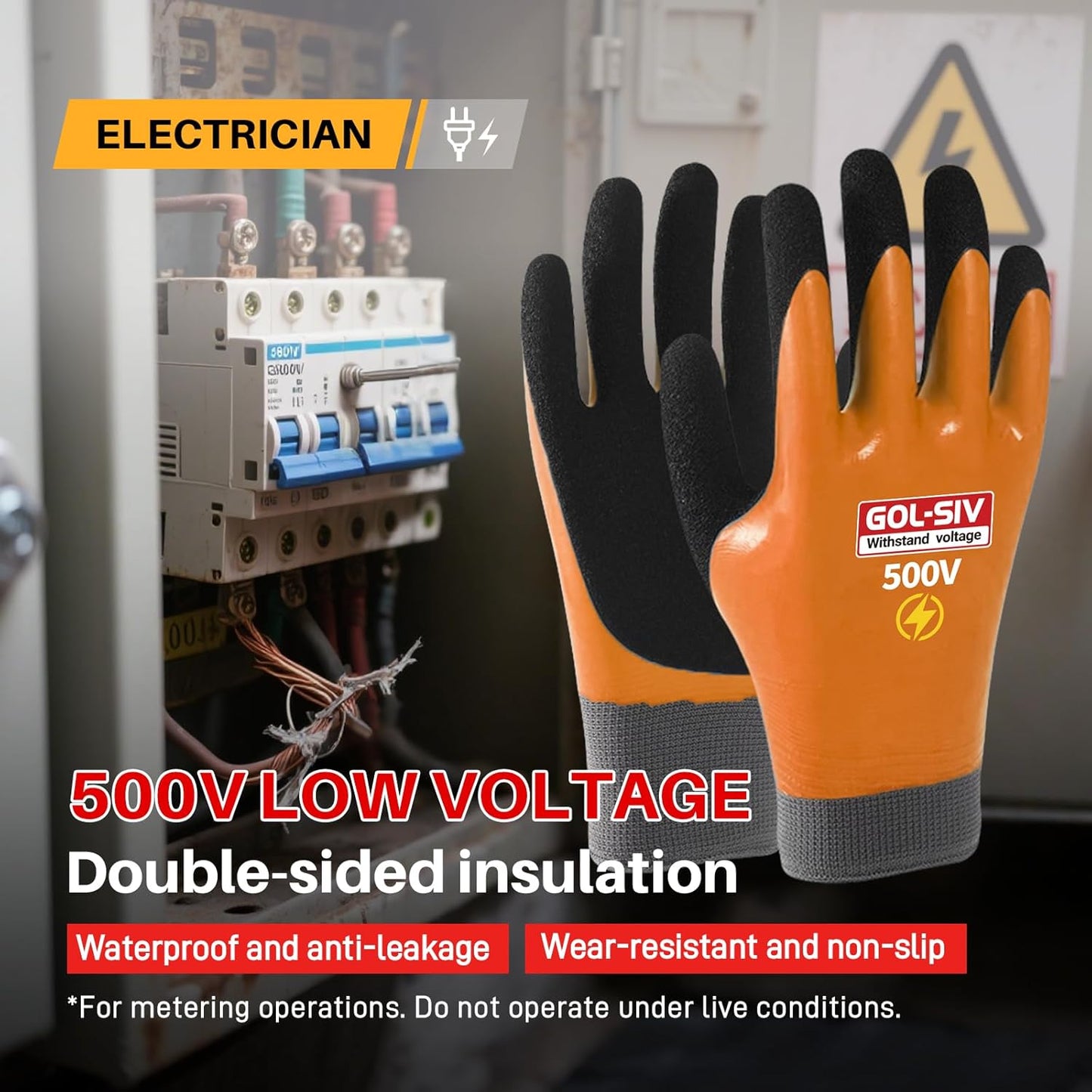 Electrical Insulated Gloves, 500V High Voltage Resistance Electrician Safety Gloves, Rubber Non Slip Work Gloves (500V|double insulated, Large)