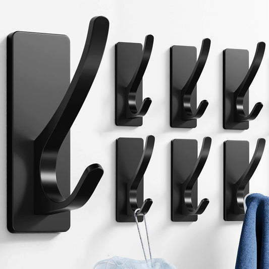 pickpiff Self Adhesive Coat Hooks for Hanging: Heavy Duty Stainless Wall Hook for Towel, Backpack, Hat, Sturdy Metal Hanger, 6-Pack, Matt Black